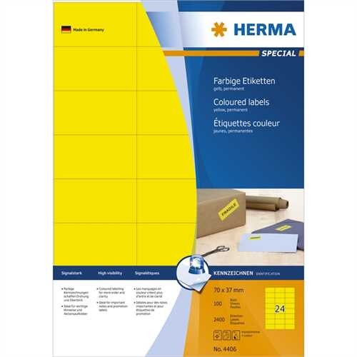 HERMA Etikett, Inkjet/Laser/Kopierer, selbstklebend, 70 x 37 mm, gelb (2.400 Stück)