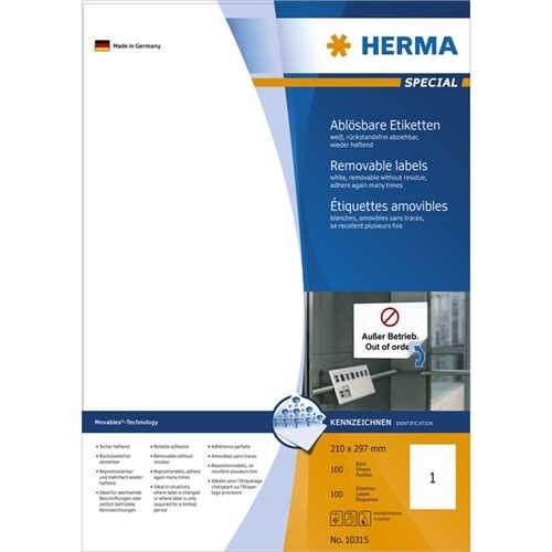 HERMA Etikett, Inkjet/Laser/Kopierer, selbstklebend, ablösbar, 210 x 297 mm, weiß (100 Stück)