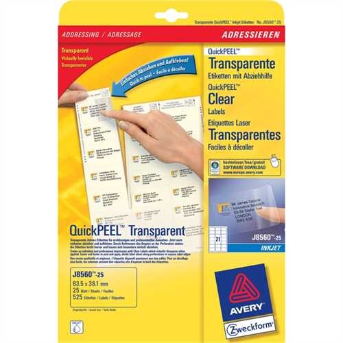 AVERY Zweckform Etikett, Inkjet, auf A4-Bogen, selbstklebend, Polyethylenfolie, 63,5 x 38,1 mm, tran