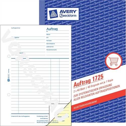 AVERY ZWECKFORM 1725 - Auftrag, Buch, A5 hoch, 2fach, selbstdurchschreibend, 1. / 2. Blatt bedruckt,