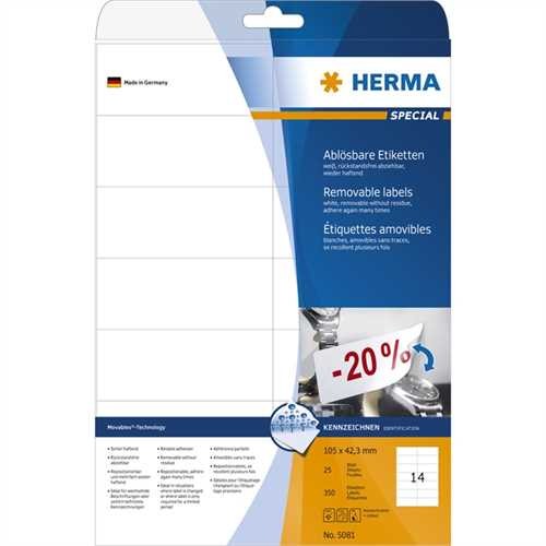 HERMA Etikett, Inkjet/Laser/Kopierer, selbstklebend, ablösbar, 105 x 42,3 mm, weiß (350 Stück)