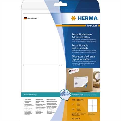 HERMA Etikett, Inkjet/Laser/Kopierer, selbstklebend, ablösbar, abgerundete Ecken, 99,1 x 139 mm, wei