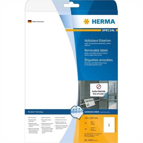 HERMA Etikett, Inkjet/Laser/Kopierer, selbstklebend, ablösbar, 210 x 297 mm, weiß (25 Stück)