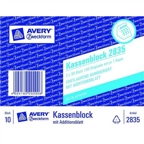 AVERY ZWECKFORM 2835 - Kassenblock, 100x160 mm, 2fach, Blau, 1. / 2. Blatt bedruckt, 2x50 Blätter