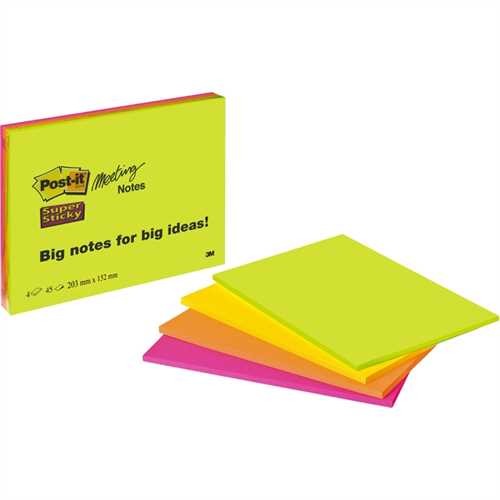 Post-it Haftnotiz Super Sticky Meeting Notes, 203 x 152 mm, sortiert, 45 Blatt (4 Blocks)