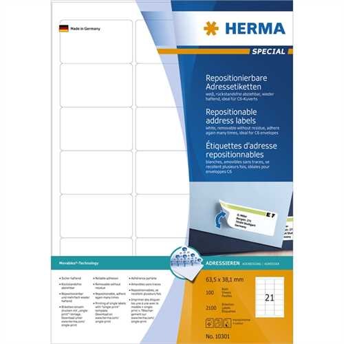 HERMA Etikett, Inkjet/Laser/Kopierer, selbstklebend, ablösbar, abgerundete Ecken, 63,5 x 38,1 mm, we