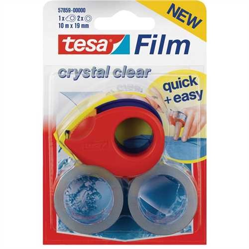 tesa Handabroller Mini, + 2 Rol. Tesafilm, gefüllt, für Rollen bis 19 mm x 10 m, rot/blau (1 Set)