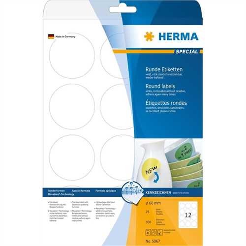 HERMA Etikett, Inkjet/Laser/Kopierer, selbstklebend, ablösbar, rund, Ø: 60 mm, weiß (300 Stück)