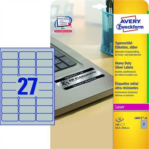 Avery Zweckform L6011-20 Typenschild-Etiketten - A4, 540 Stück, 63,5 x 29,6 mm,