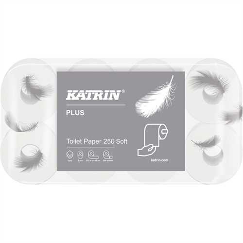 KATRIN Toilettenpapier Plus Toilet 250 SOFT, Papier, 3lagig, auf Rolle, 250 Blatt, 9 x 8 Rollen, wei